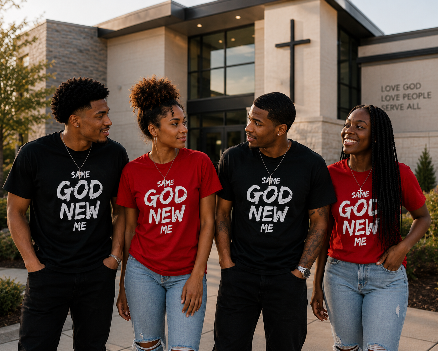 Group of friends wearing Same God New Me Christian t-shirts outside their church